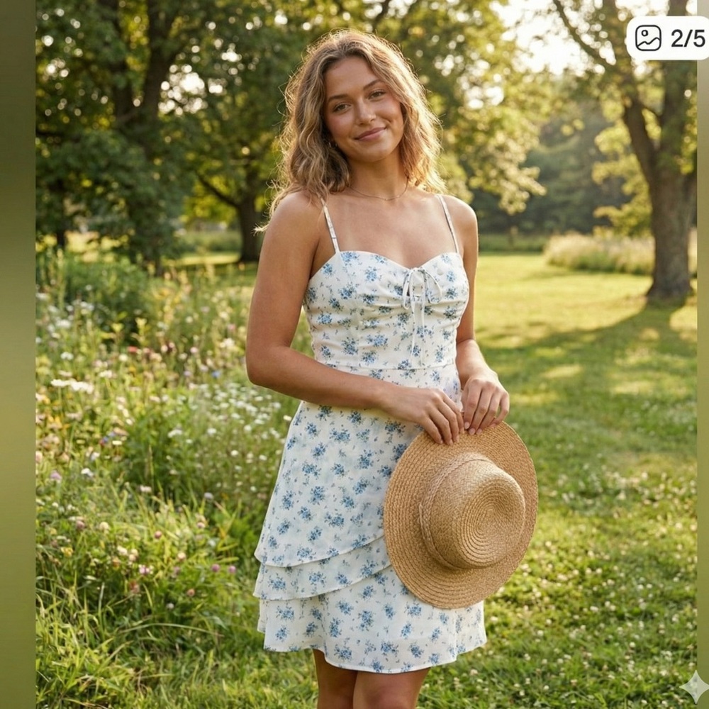 Floral White and Blue Summer / Sun Dress